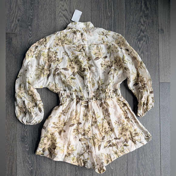 Zimmermann Golden Floral Print Belted Long Sleeve Linen Romper Size 4 - Picture 10 of 11